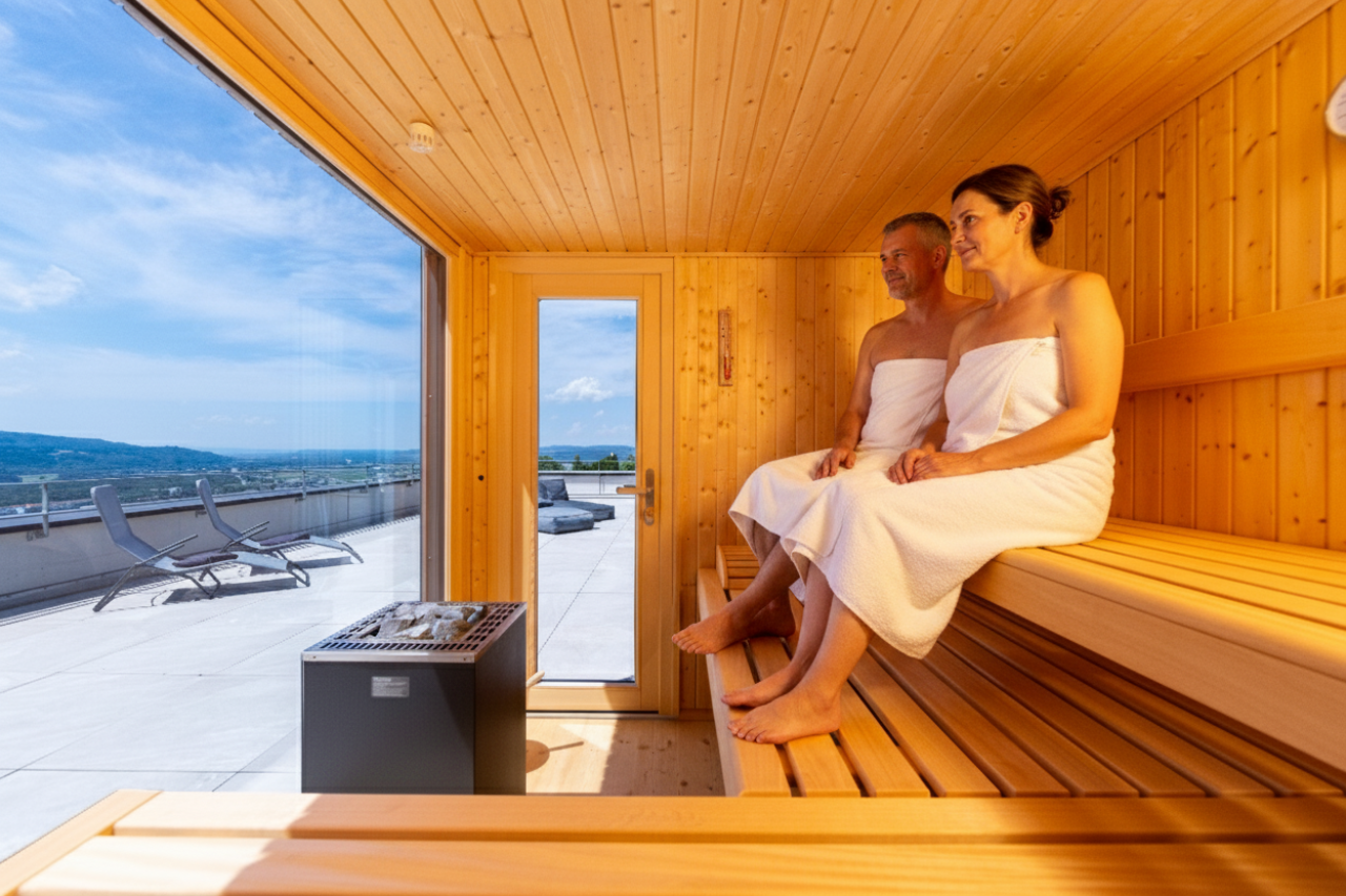 Paar genießt Saunagang in der Außensauna.